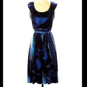 New York and Company ruffle neck blue and black stretch dress, S